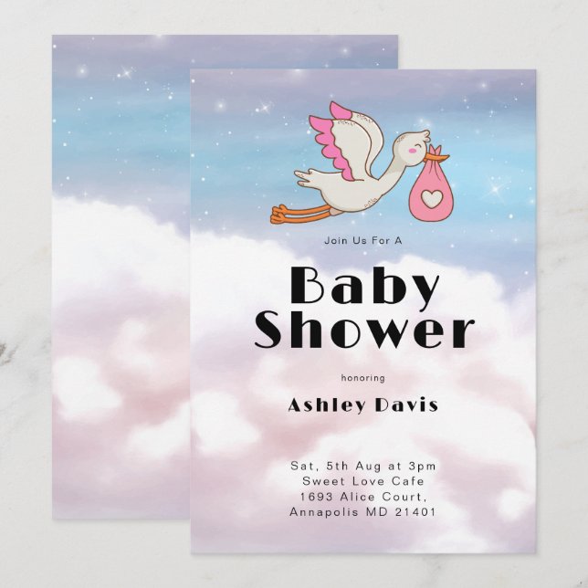 Stork Bird Sky And Cloud Baby Shower Invitation (Front/Back)