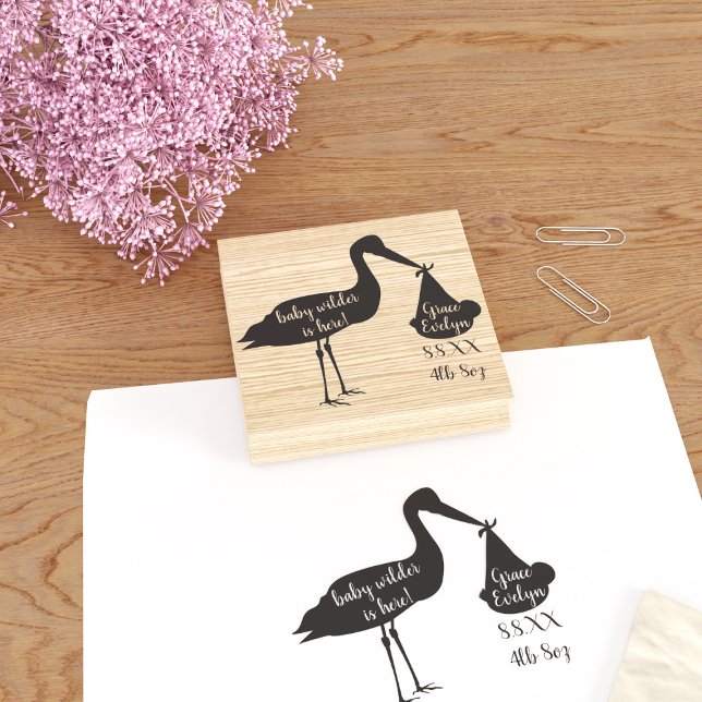 Stork Birth Announcement Rubber Stamp (Celebrate the arrival of your baby bundle with this cute stork rubber stamp. Add your birth stats!)