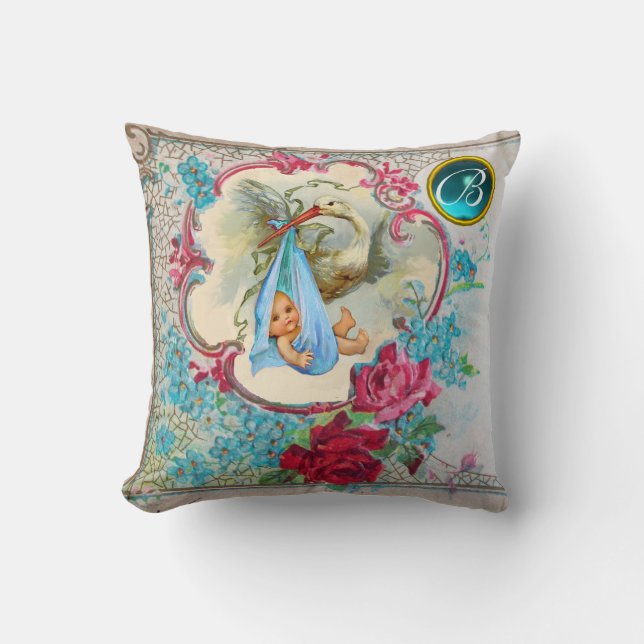 STORK BLUE BOY BABY SHOWER ROSES FLORAL MONOGRAM CUSHION (Front)