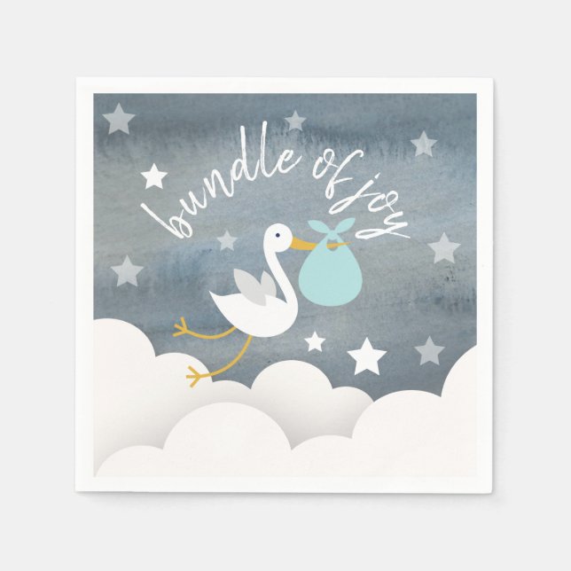 Stork Blue Bundle Stars Watercolor Baby Shower Napkin (Front)