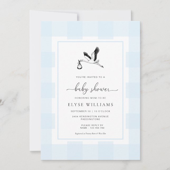 Stork Blue Gingham Baby Shower Invitation (Front)