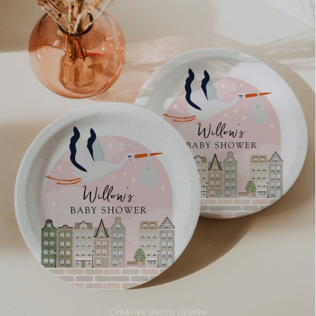 Stork Boho Baby Shower Baby Sprinkle Décor Paper Plate (Boho Baby Shower Stork)