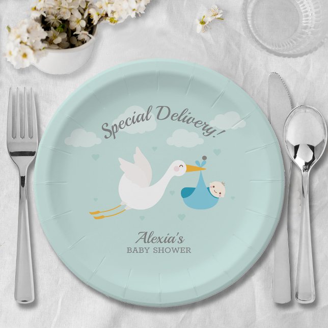 Stork Boy Baby Bundle Baby Shower Paper Plate (Cute stork blue baby bundle boy baby shower paper plates)