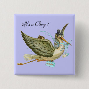STORK BOY BABY SHOWER Blue 15 Cm Square Badge