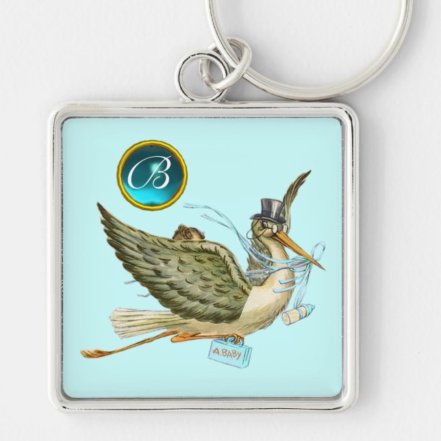 STORK BOY BABY SHOWER BLUE GEM MONOGRAM Teal Key Ring (Front)