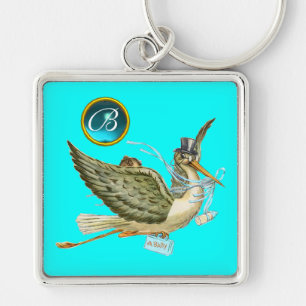 STORK BOY BABY SHOWER BLUE GEM MONOGRAM Turquoise Key Ring