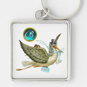 STORK BOY BABY SHOWER BLUE GEM MONOGRAM White Key Ring