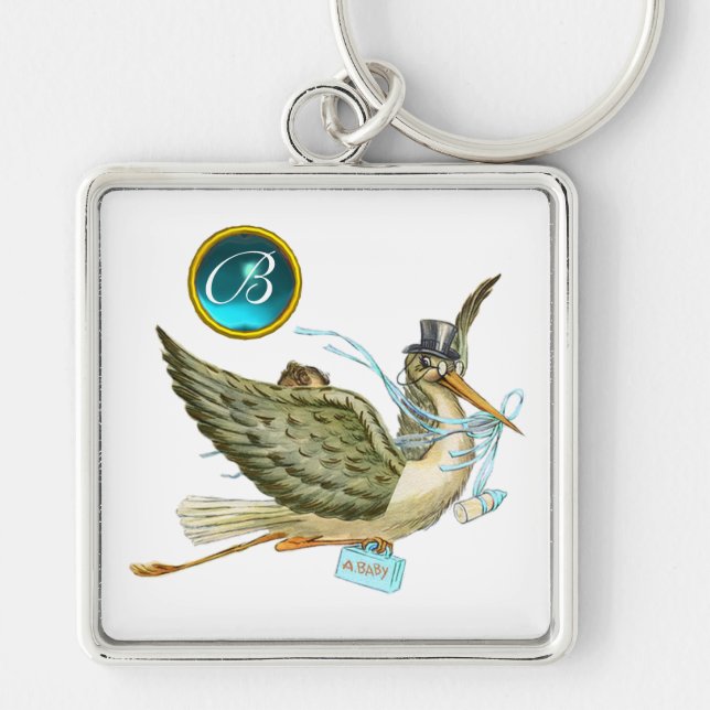 STORK BOY BABY SHOWER BLUE GEM MONOGRAM White Key Ring (Front)