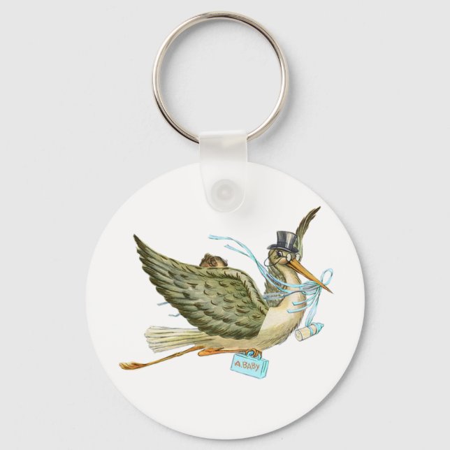 STORK BOY BABY SHOWER Blue White Key Ring (Front)
