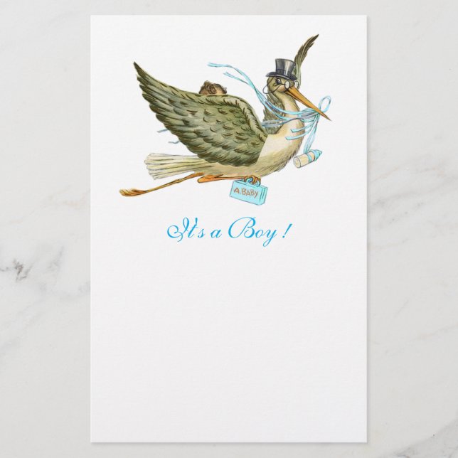 STORK BOY BABY SHOWER Blue White Stationery (Front)