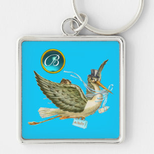 STORK BOY BABY SHOWER BRIGHT BLUE GEM MONOGRAM KEY RING