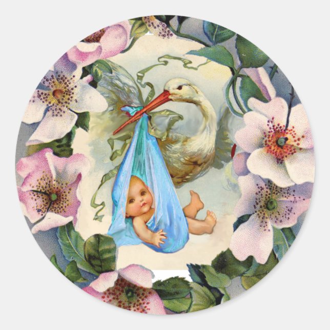 STORK BOY BABY SHOWER CROWN WITH PINK WILD ROSES CLASSIC ROUND STICKER (Front)