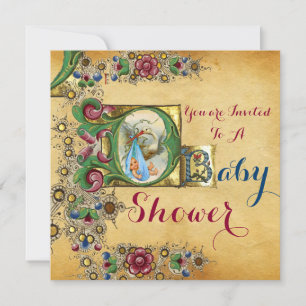 STORK BOY BABY SHOWER FLORAL PARCHMENT MONOGRAM INVITATION