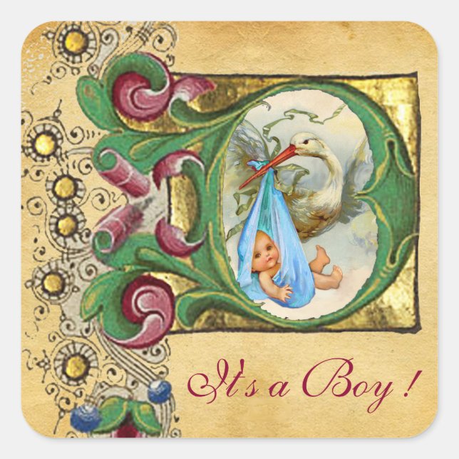 STORK BOY BABY SHOWER FLORAL PARCHMENT MONOGRAM SQUARE STICKER (Front)
