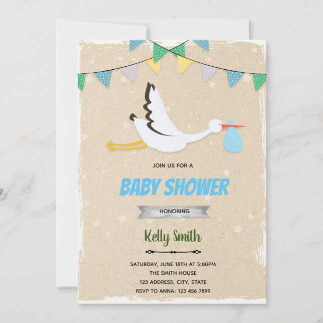 Stork boy baby shower invitation (Front)