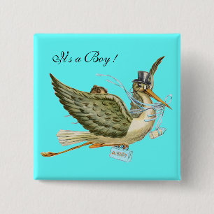 STORK BOY BABY SHOWER ,Turquoise Blue "It's a Boy" 15 Cm Square Badge