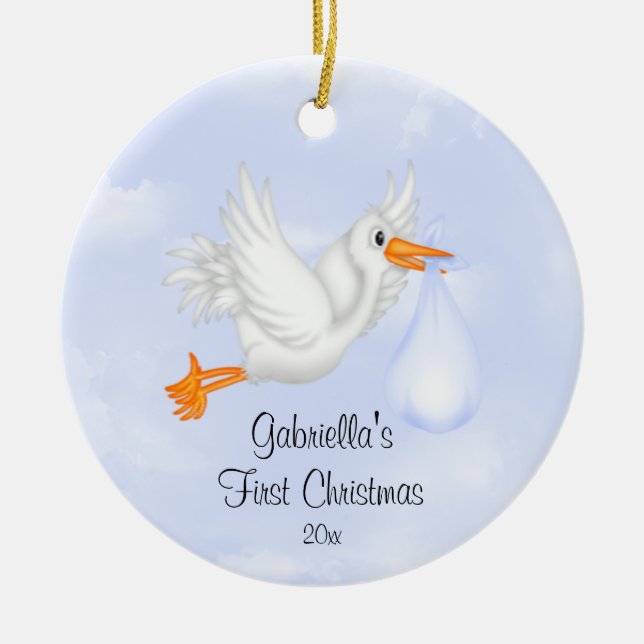 Stork Boy Baby's First Christmas Ornament (Front)