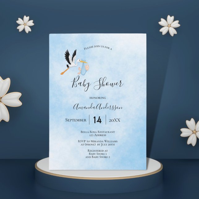 Stork boy blue cute baby shower invitation (Creator Uploaded)
