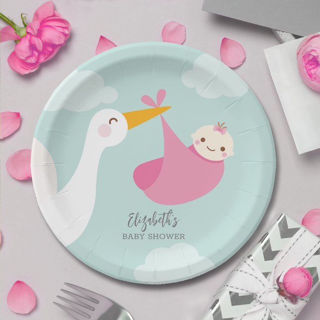 Stork Bundle Girl Baby Shower Paper Plate (Stork Pink Bundle Girl Baby Shower Paper Plates)