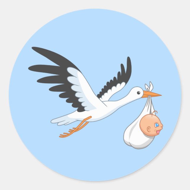Stork Carrying a Baby Bundle Blue Classic Round Sticker (Front)