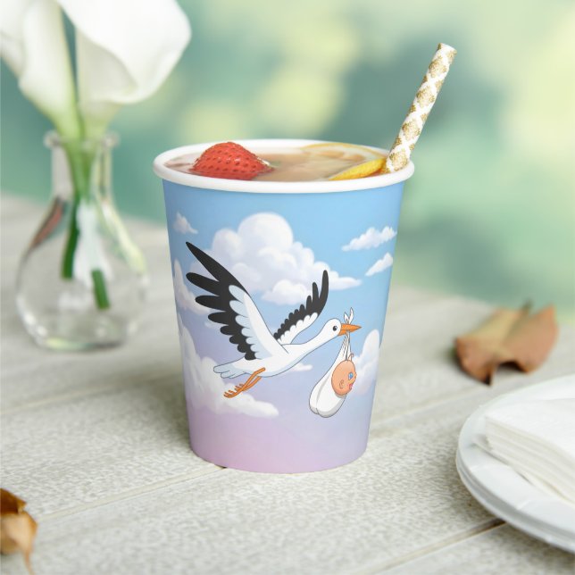 Stork Carrying a Baby Cloudy Sky Paper Cups (Insitu)
