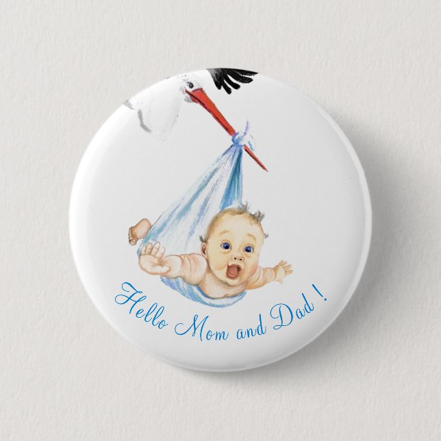 Stork Carrying Baby Button Hello Mum and Dad (Front)
