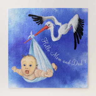 Stork Carrying Baby - Cartoon Drawing - Customise  Jigsaw Puzzle