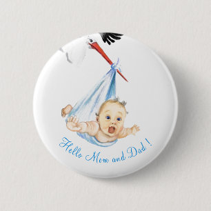 Stork Carrying Baby - Cartoon Drawing -Sweet Fun 6 Cm Round Badge