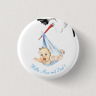 Stork Carrying Baby - Cartoon Drawing Sweet Funny 3 Cm Round Badge