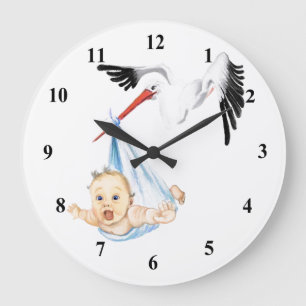Stork Carrying Baby - Cartoon Drawing Sweet Funny Large Clock