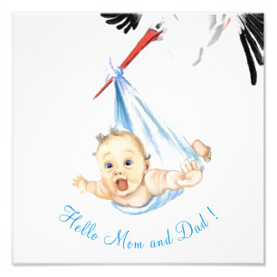 Stork Carrying Baby - Cartoon Drawing Sweet Funny Photo Print