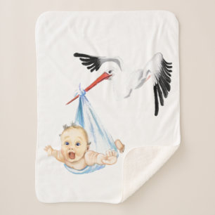 Stork Carrying Baby - Cartoon Drawing Sweet Funny Sherpa Blanket