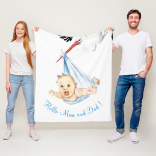 Stork Carrying Baby Fleece Blanket Fun Cartoon