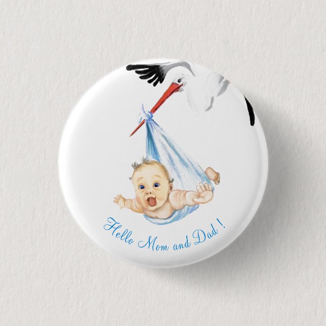 Stork Carrying Baby Funny Button (Front)