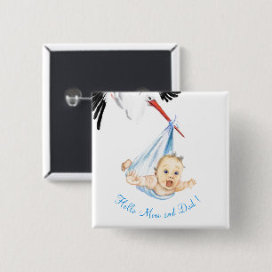 Stork Carrying Baby Funny Button