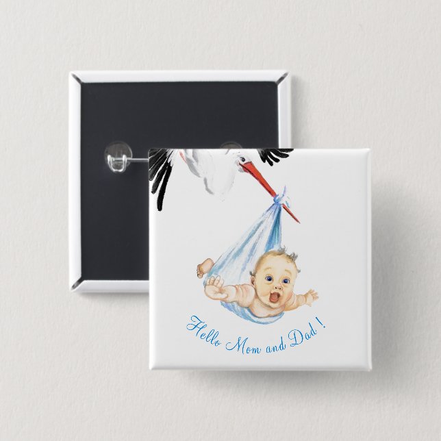 Stork Carrying Baby Funny Button (Front & Back)