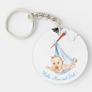 Stork Carrying Baby Funny Keychain - Custom Text