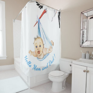 Stork Carrying Baby Funny Shower Curtain Your Text