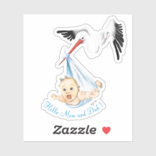 Stork Carrying Baby Funny Sticker with Text