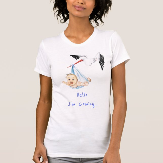Stork Carrying Baby Funny T-Shirt - Custom Text (Front)