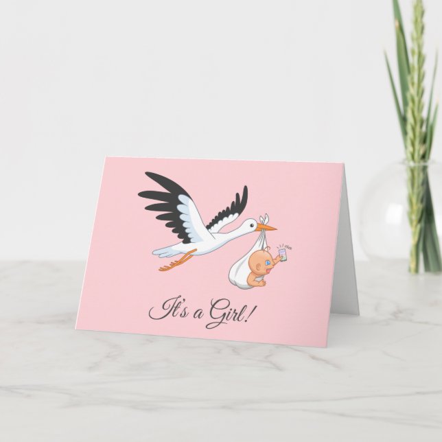 Stork Carrying Baby Girl Card (Front)