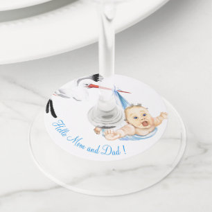 Stork Carrying Baby - Hello Mum and Dad - Fun Wine Glass Tag