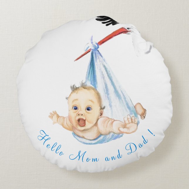 Stork Carrying Baby Round Pillow (Back)