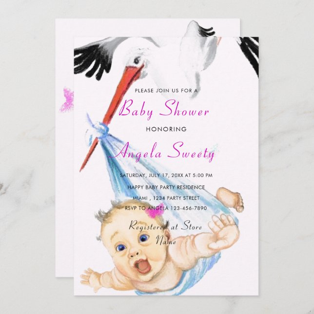Stork Carrying Baby Shower Invitation Example (Front/Back)