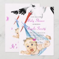 Stork Carrying Baby Shower Invitation Template