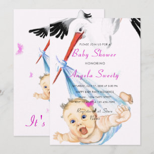 Stork Carrying Baby Shower Invitation Template
