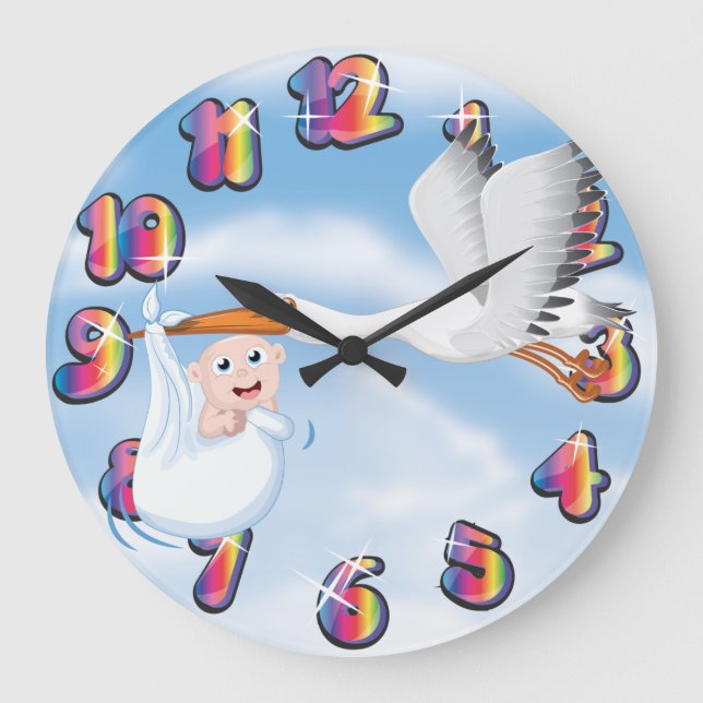 Stork carrying new born Baby Large Clock (Front)