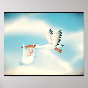 Stork carrying new born Baby Poster