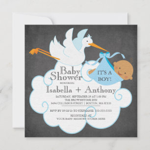 Stork Chalkboard African American Boy Baby Shower Invitation