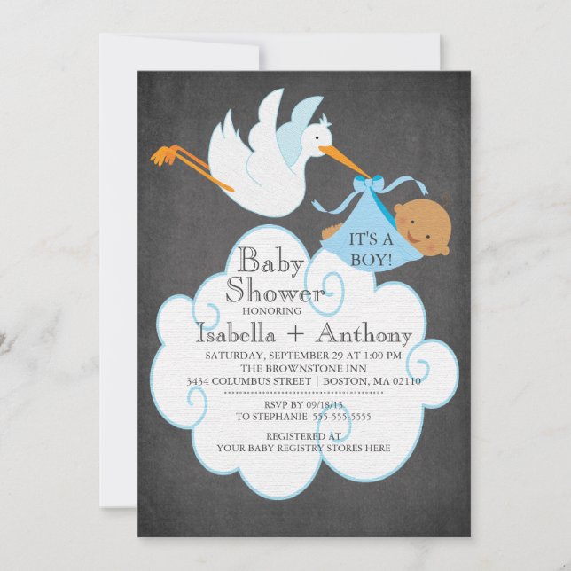 Stork Chalkboard African American Boy Baby Shower Invitation (Front)